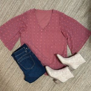 V neck, bell sleeve blouse, top. Medium.